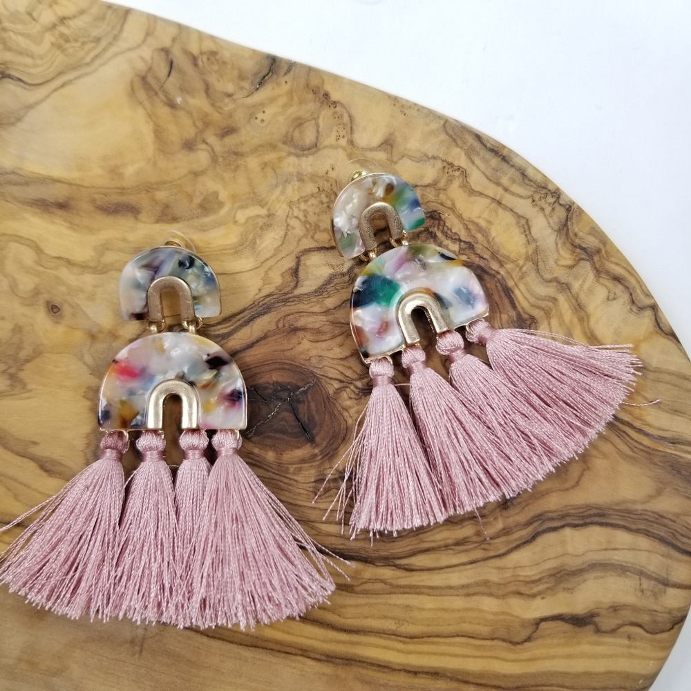 marble acetate earrings Pink Half Circle tassel - Picture 7 of 8